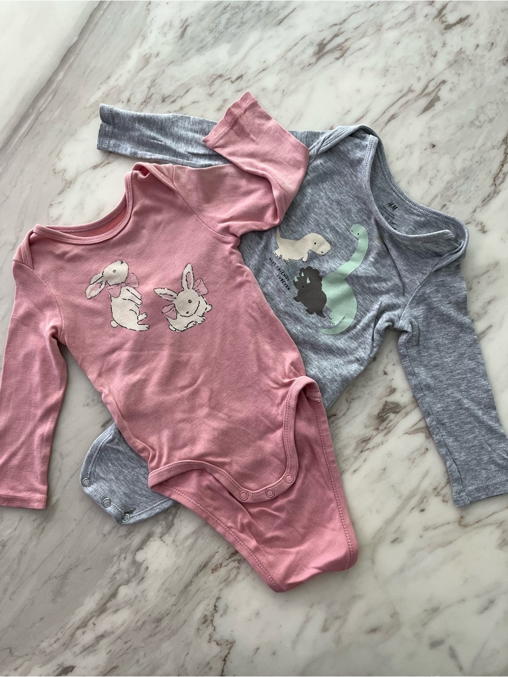 H&M Long Sleeve Baby Bodysuits - Pink and Gray with Animal Prints
